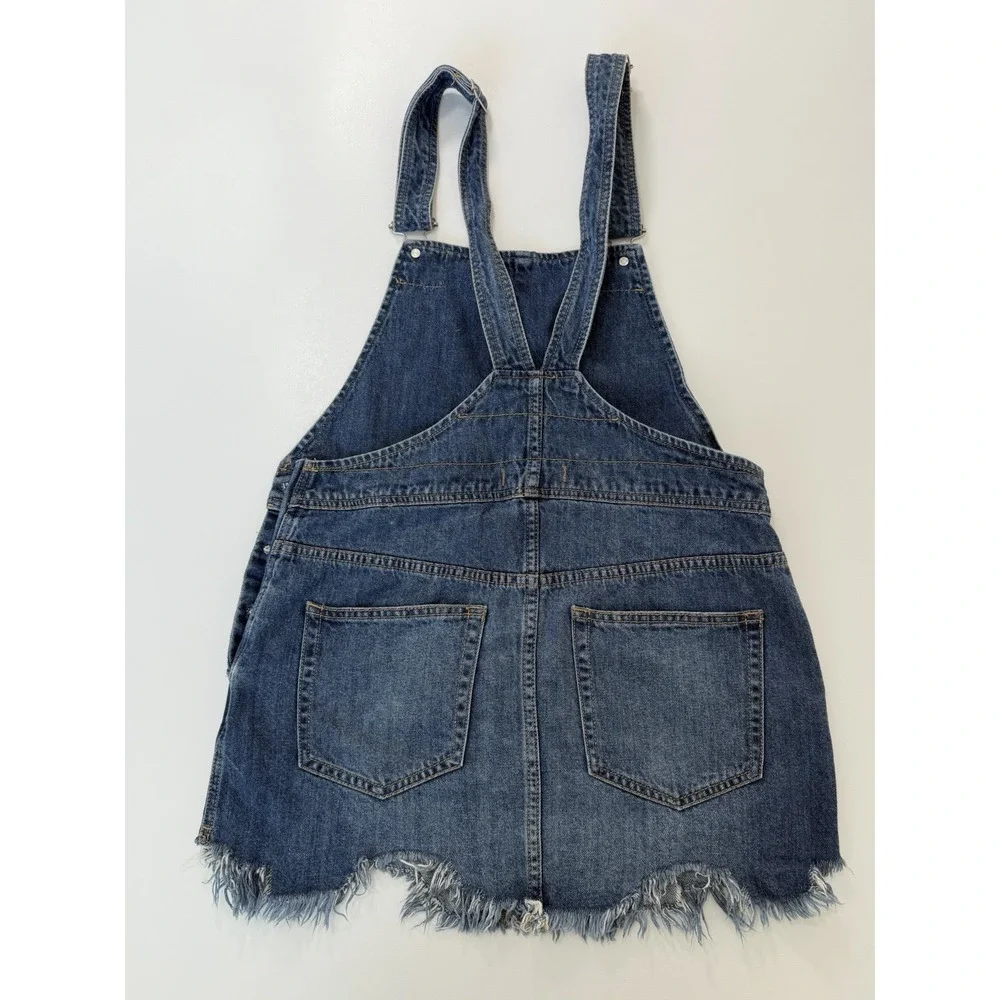 Free People Blue Denim Overall Dress Sz 6 Raw Hem Casual Bib Mini